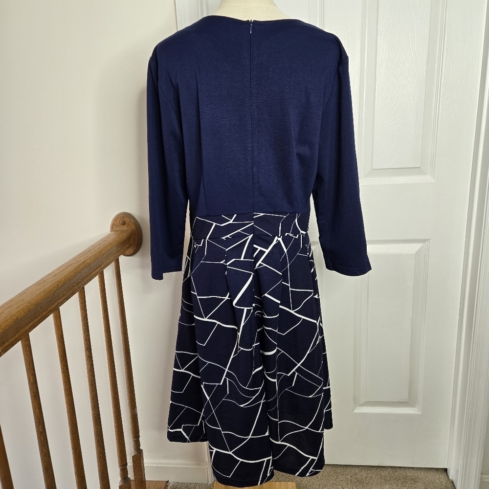 iHot Navy Blue 3/4 Sleeve Midi Pockets Fit and Flare A-Line Swing Dress Sz XL - Picture 3 of 16